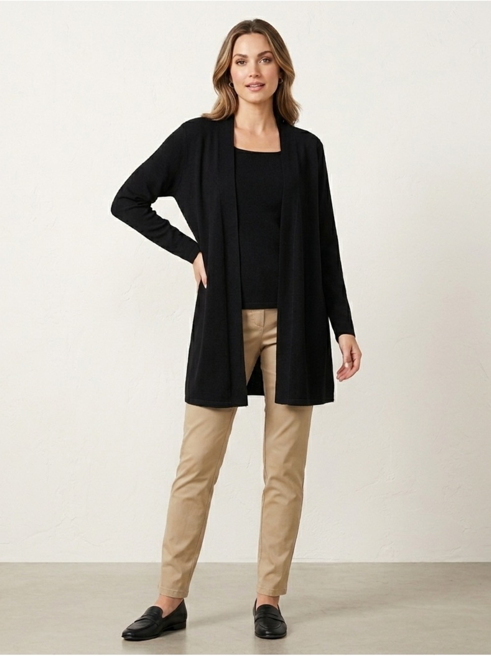 Dialogue Black Open-Front Long Cardigan & matching T-shirt